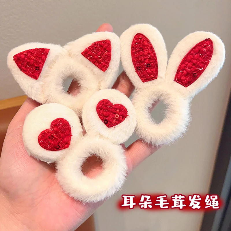 儿童红色毛绒兔耳猫耳发绳女童过新年爱心羊毛毡发夹女孩可爱发卡