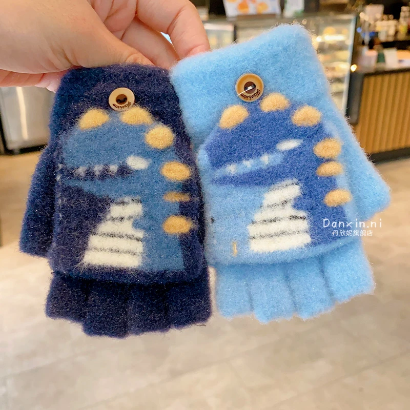 儿童半指手套冬天保暖男童女童卡通恐龙翻盖五指学生抗寒写字手套