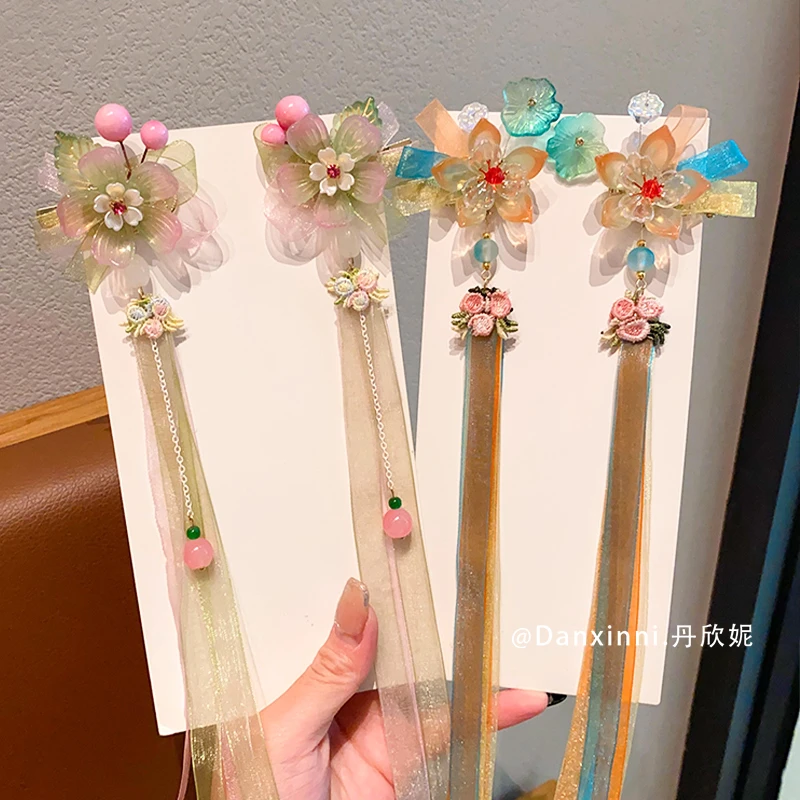 儿童花朵飘带发夹中国风小女孩古风汉服流苏对夹女童古装对夹头饰