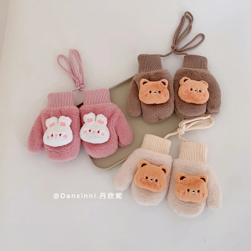 儿童保暖毛绒手套2023秋冬新款女童可爱挂脖连指套韩系加厚小兔暖