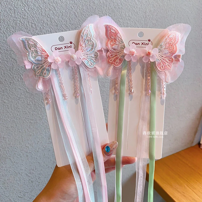 女童汉服头饰儿童古风发夹中国风超仙蝴蝶飘带编发发卡女孩发饰