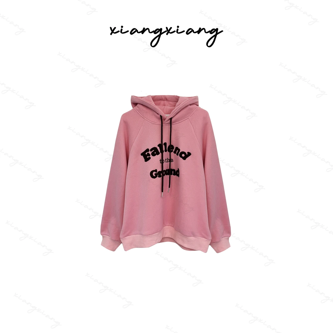 连帽卫衣女2024秋冬新款美式复古慵懒风字母刺绣上衣百搭Q31