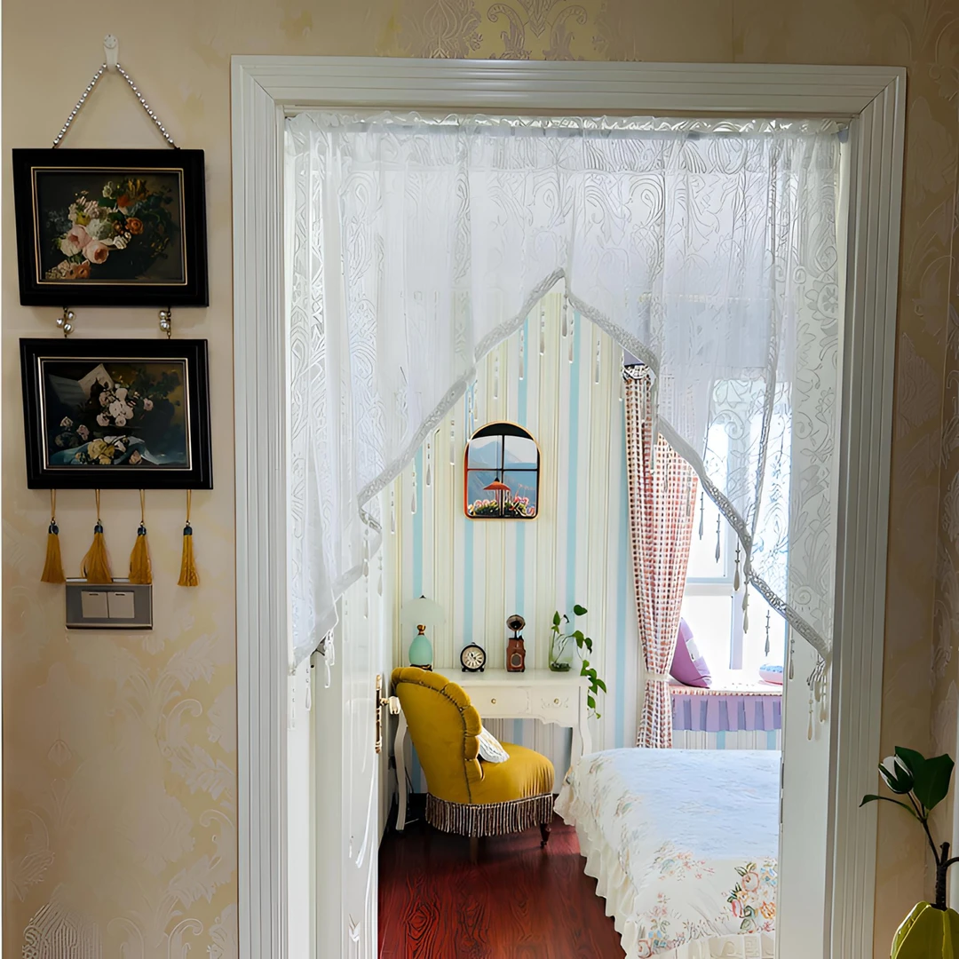 蕾丝吊珠门帘免打孔隔断厨房拱形三角遮挡装饰半帘