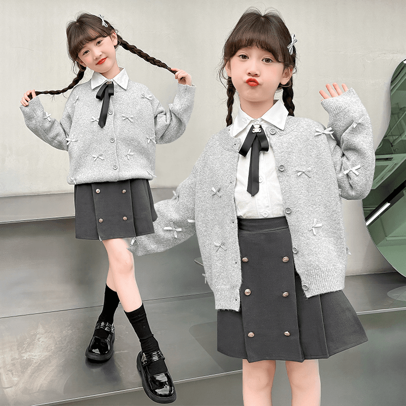 女童毛衣春秋新款儿童韩版JK衬衫百褶裙学院风套装洋气女孩6-12岁