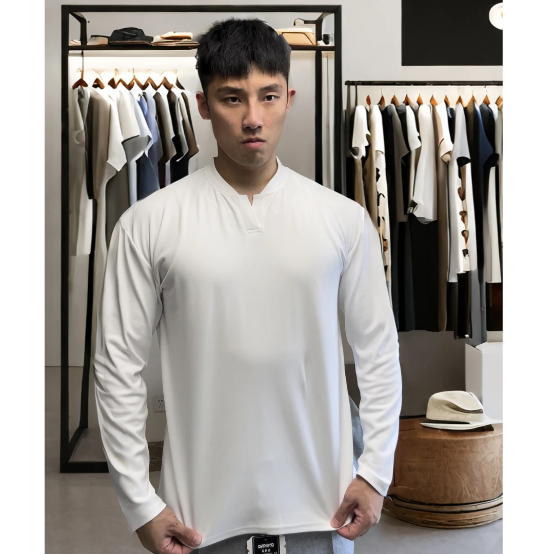 2024秋冬内外双层空气层面料含棉量95.1亨利领新款打底长袖t恤男