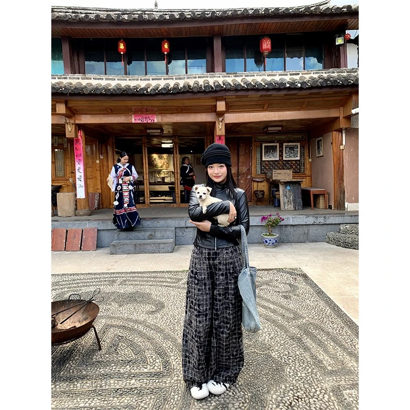 肉装小cherry 吸睛时刻 个性压褶设计微胖后腰松紧宽松格纹长裤