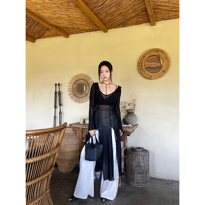 肉装小cherry 糖霜黑巧 纯欲微胖系带设计网布开叉薄款长袖连衣裙