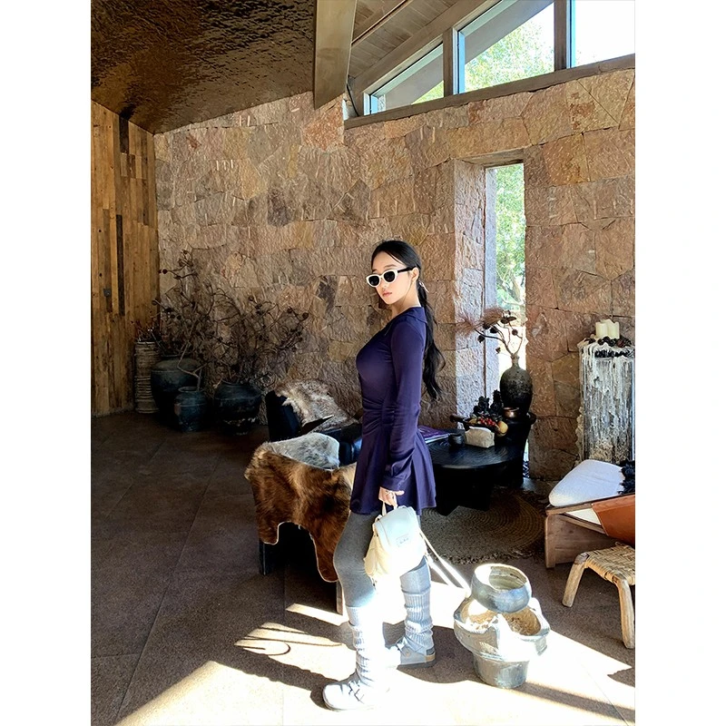 肉装小cherry 洒脱风度 V领抽皱显瘦微胖A字修身长袖针织连衣裙