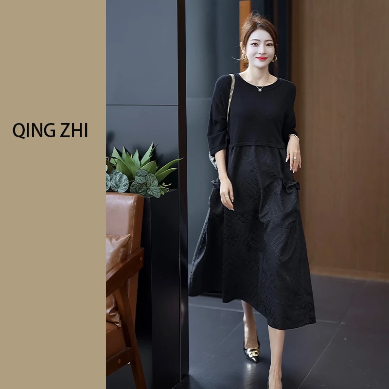 《3D提花》夏季黑色大码气质宽松中长款连衣裙口袋拼接设计