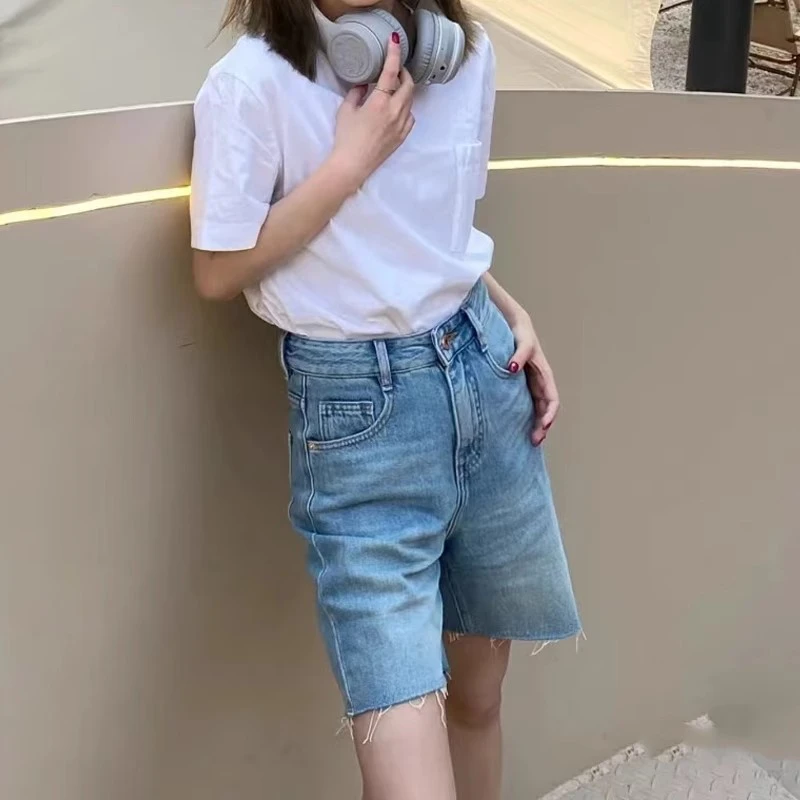 Guanjin浅蓝色牛仔短裤女2025夏季新款高腰直筒显瘦百搭薄款宽松