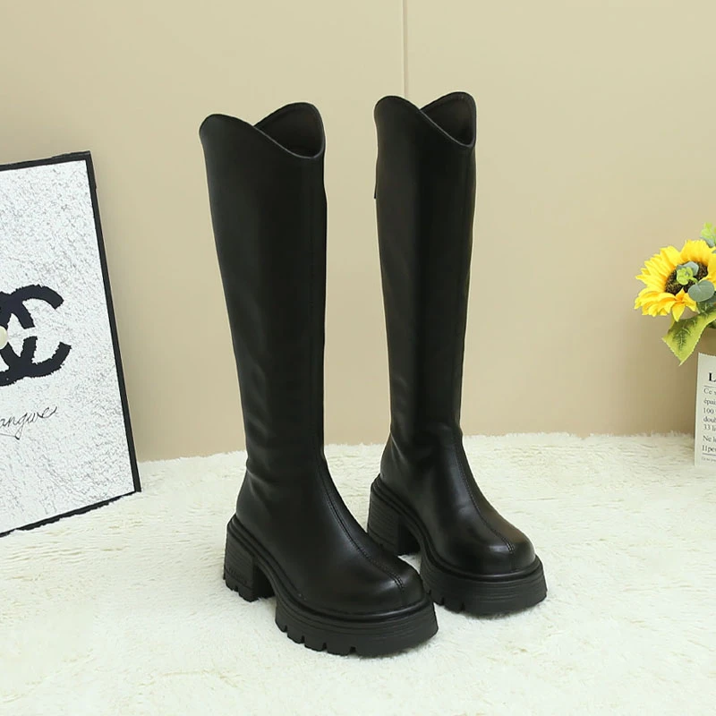 679【二棉】美拉德厚底不过膝长靴女皮带扣高筒瘦腿骑士靴