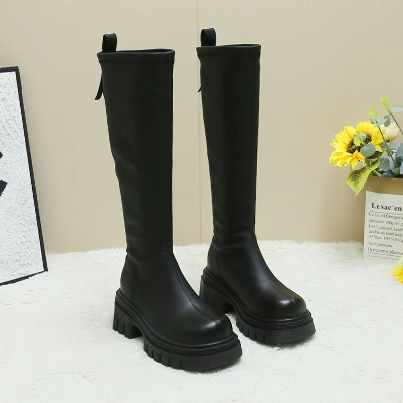 BZ607【二棉】平口厚底不过膝长靴女皮带扣高筒瘦腿骑士靴