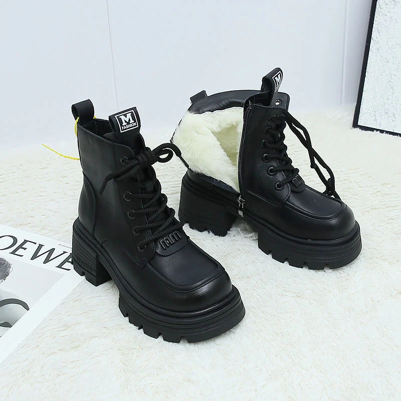 XMC08【单靴/棉/】露思同款系带短靴女厚底切尔西靴马丁靴