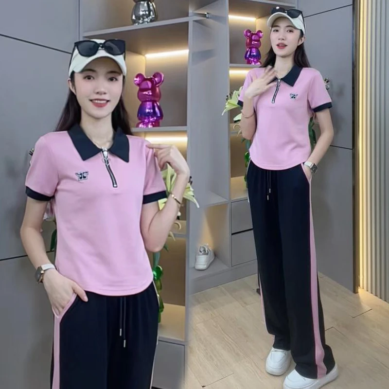 时尚套装女2025夏季新款宽松显瘦短袖t恤上衣高腰休闲裤子两件套