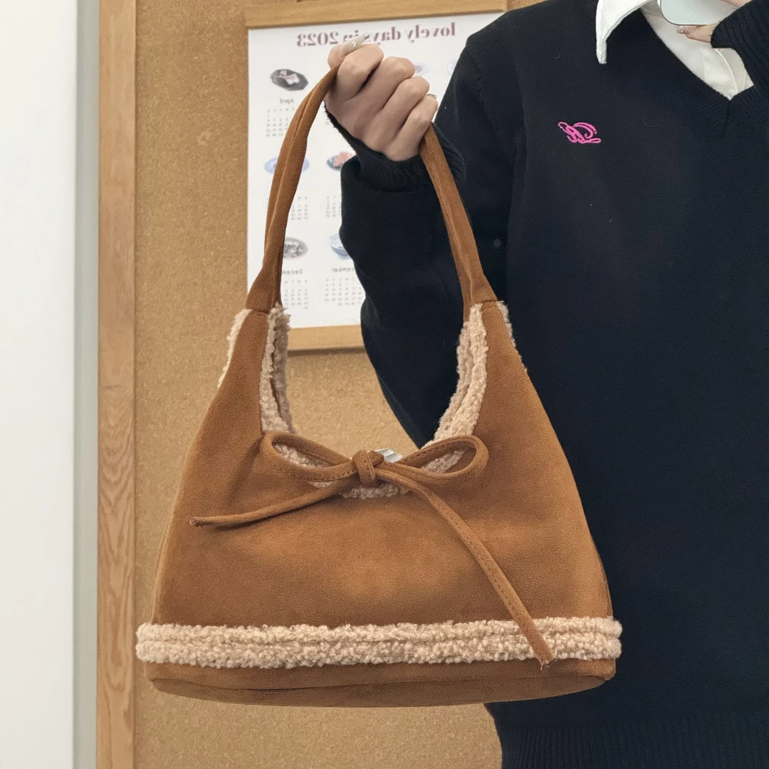 一张同学时尚百搭简约高级感复古麂皮绒手提单肩包C2744棕