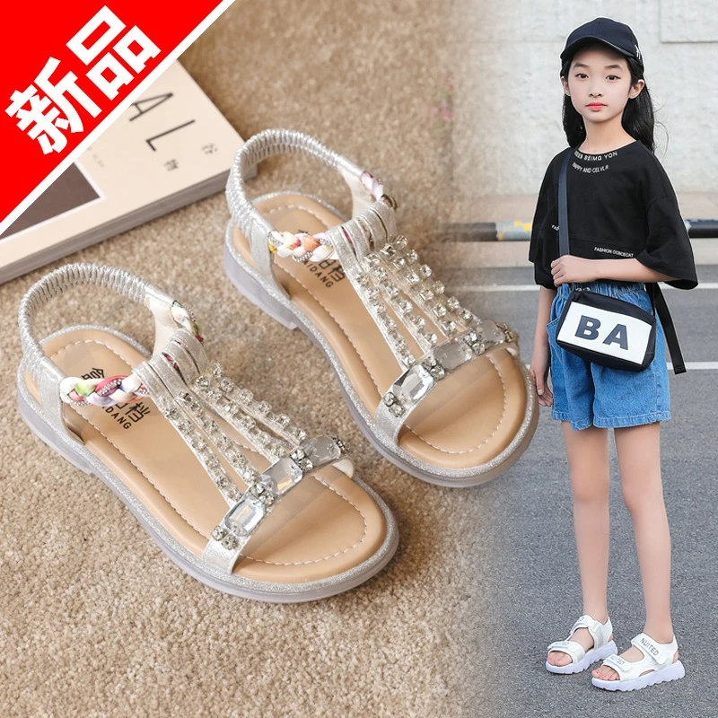 女童凉鞋2025夏季新款女孩水钻公主鞋防滑软底百搭中大童罗马鞋子