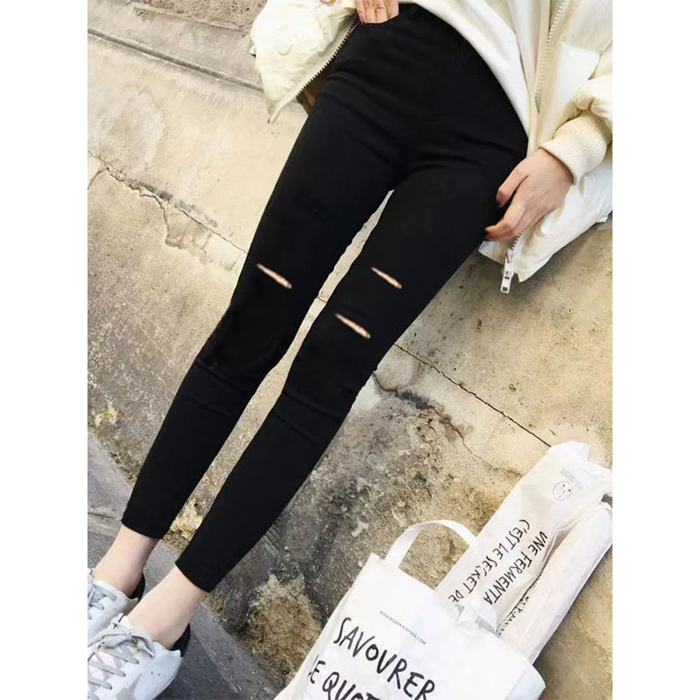 小个子九分裤女夏薄款外穿破洞小脚裤矮个子黑色显瘦打底裤2025