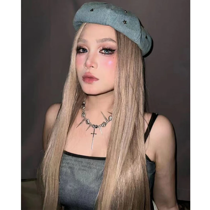 wenwen专属-【水星记】奶灰粉假发女小额蕾丝长直发中分日常全头套