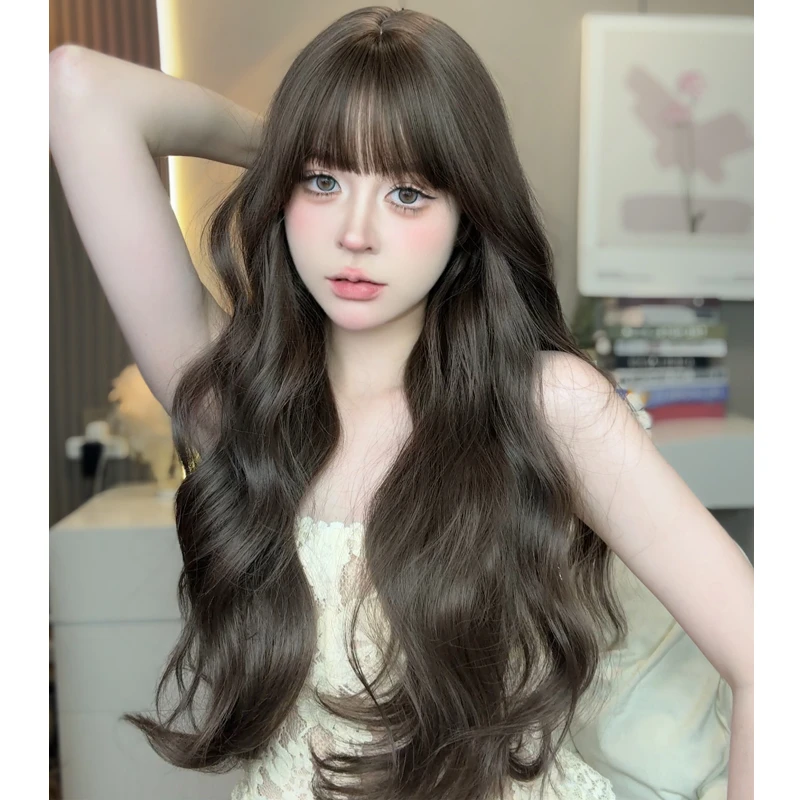 椰子【美娜】日常冷棕色齐刘海假发长卷发女网红假发发套