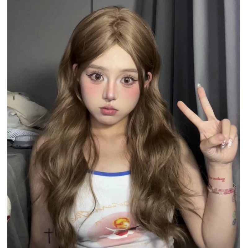 是圆圆呀-假发女长发灰棕色Lolita长卷发大波浪蓬松中分八字刘海