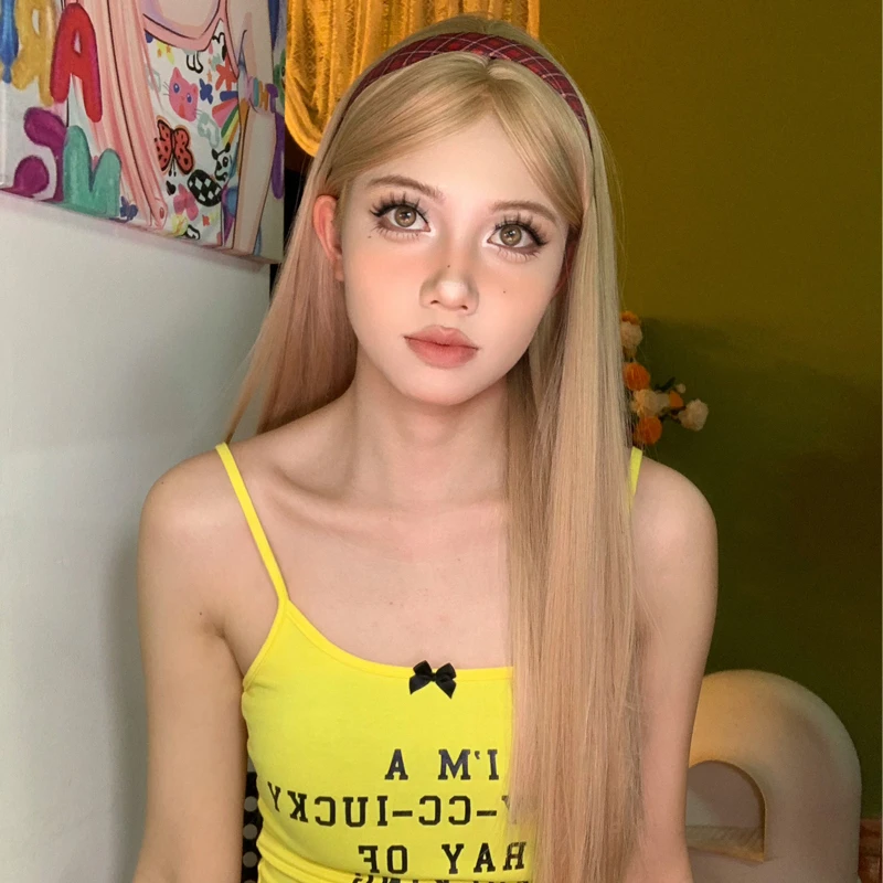 卅爻专属-假发女长发女团rose同款奶茶白金中分长直发仿真jk头套