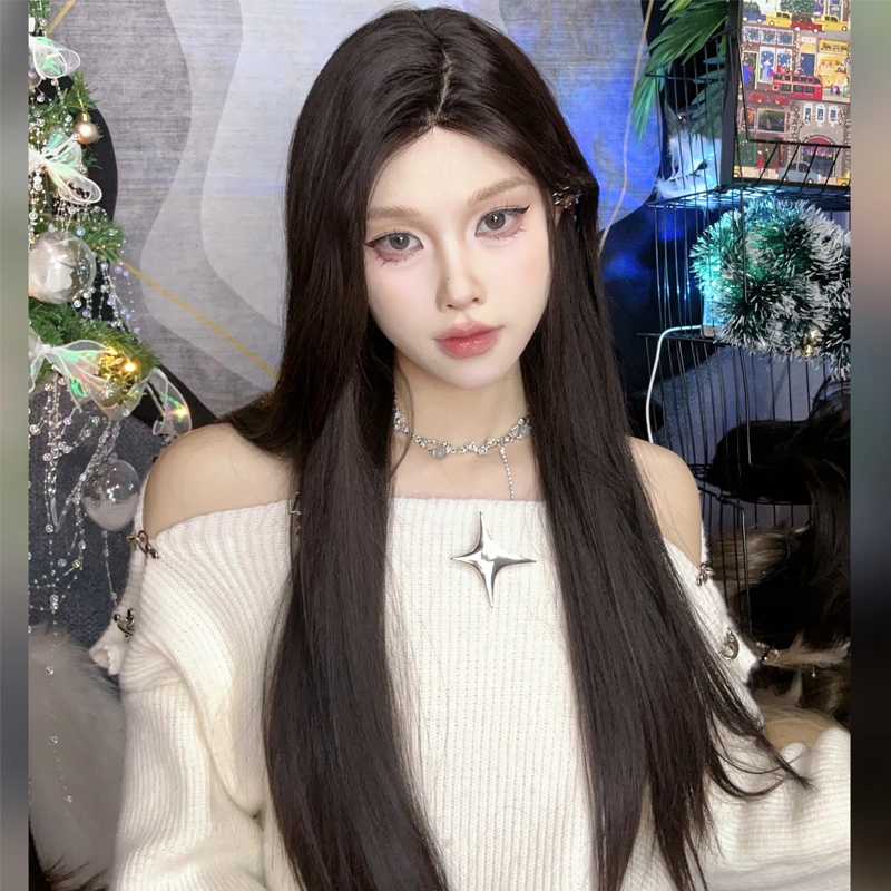 草莓熊专属-日常小额蕾丝假发女黑长直发黑色中分假发长发头套