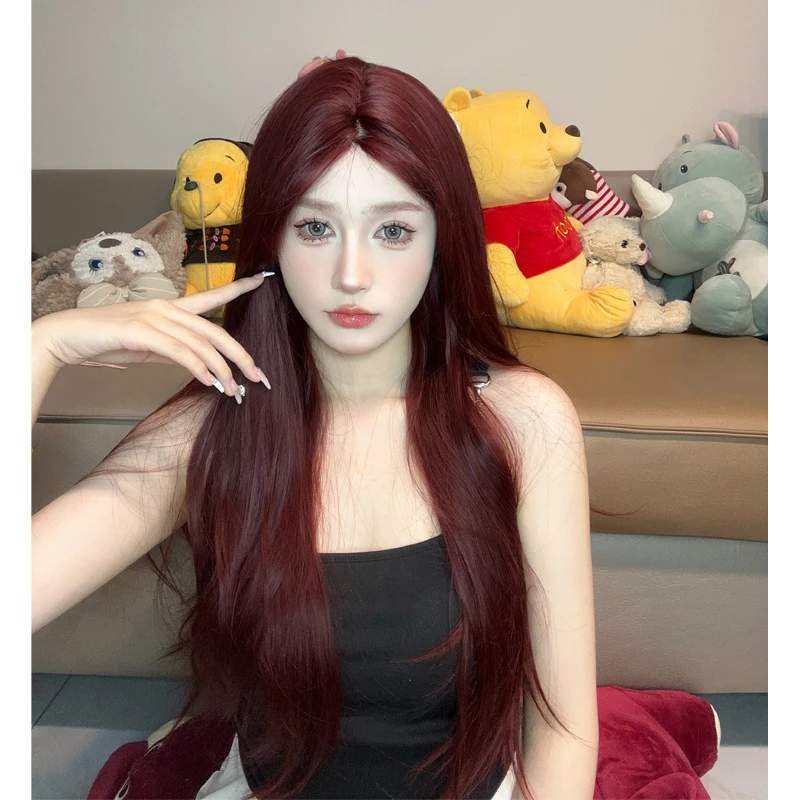 许愿专属-假发女长发女团直播假发树莓红中分长直发仿真jk头套