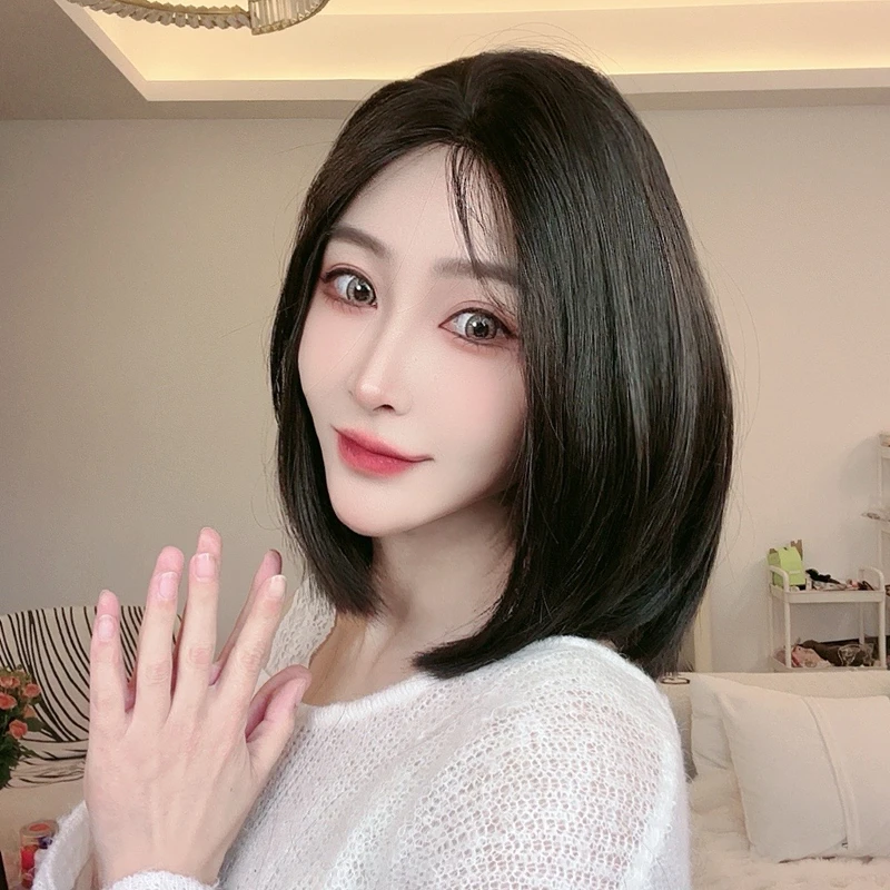 子琪-假发女小额蕾丝短发一刀切中分日常全头套黑棕色