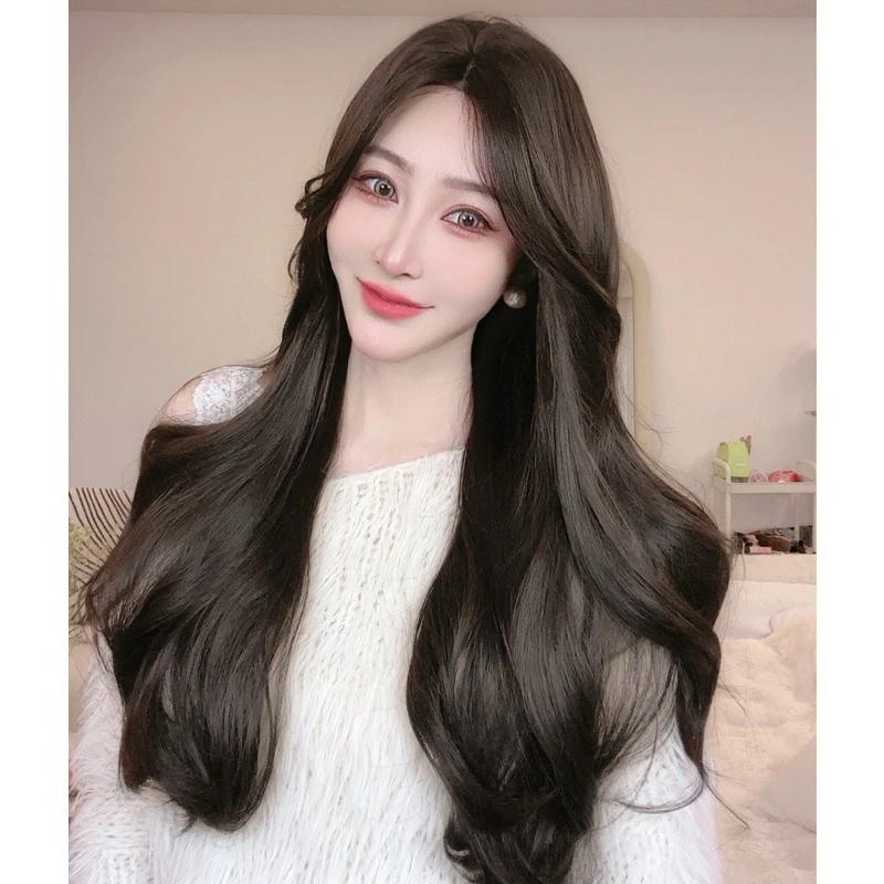 子琪-假发女小额黑茶水波纹蕾丝长卷发发中分日常全头套