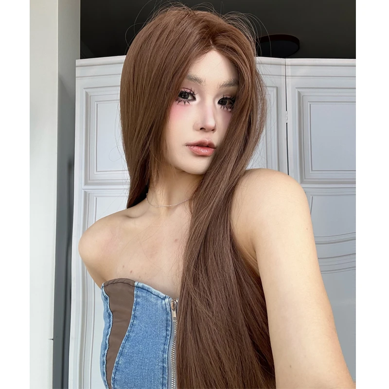 土豆专属-蜜茶亚麻色假发女小额蕾丝长直发发中分日常全头套