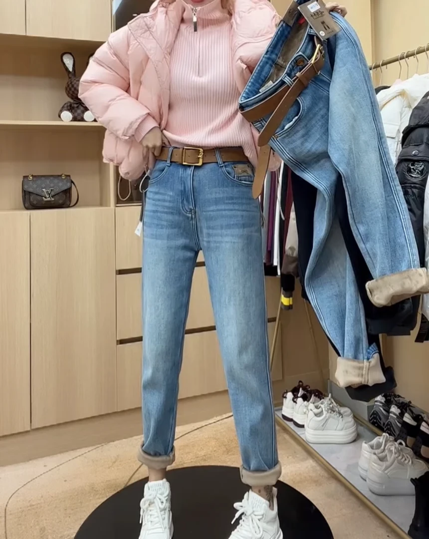 秋冬新款胖妹妹高腰显瘦九分修身弹力老爹裤蓝色百搭直筒牛仔裤女