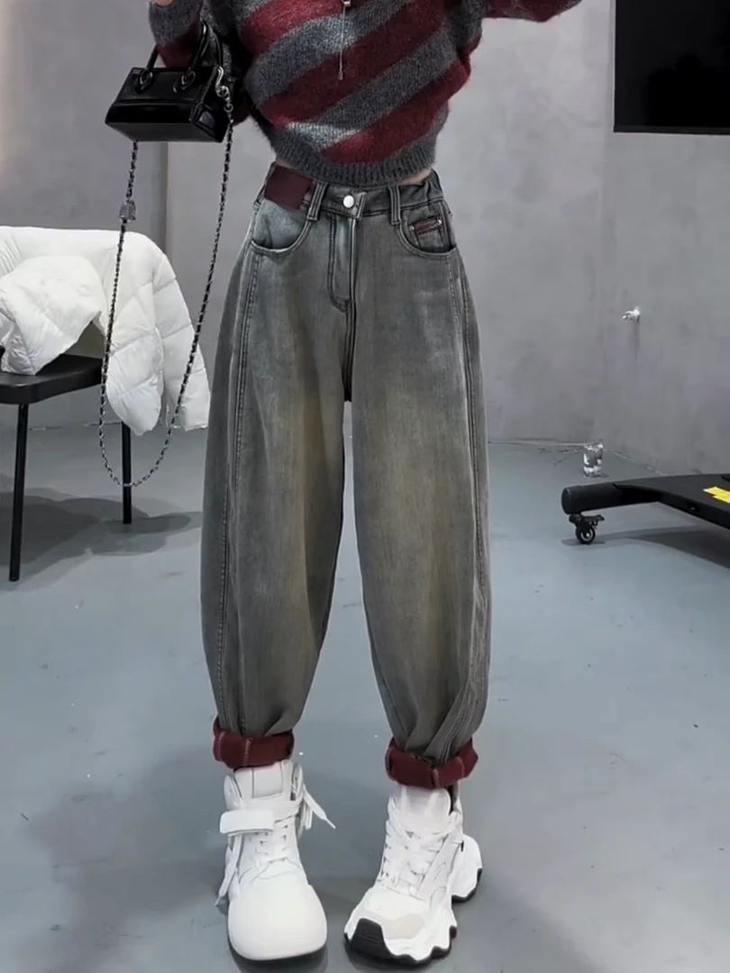 高腰显瘦阔腿裤牛仔裤2024秋冬新款加绒加厚高腰宽松显瘦阔腿裤