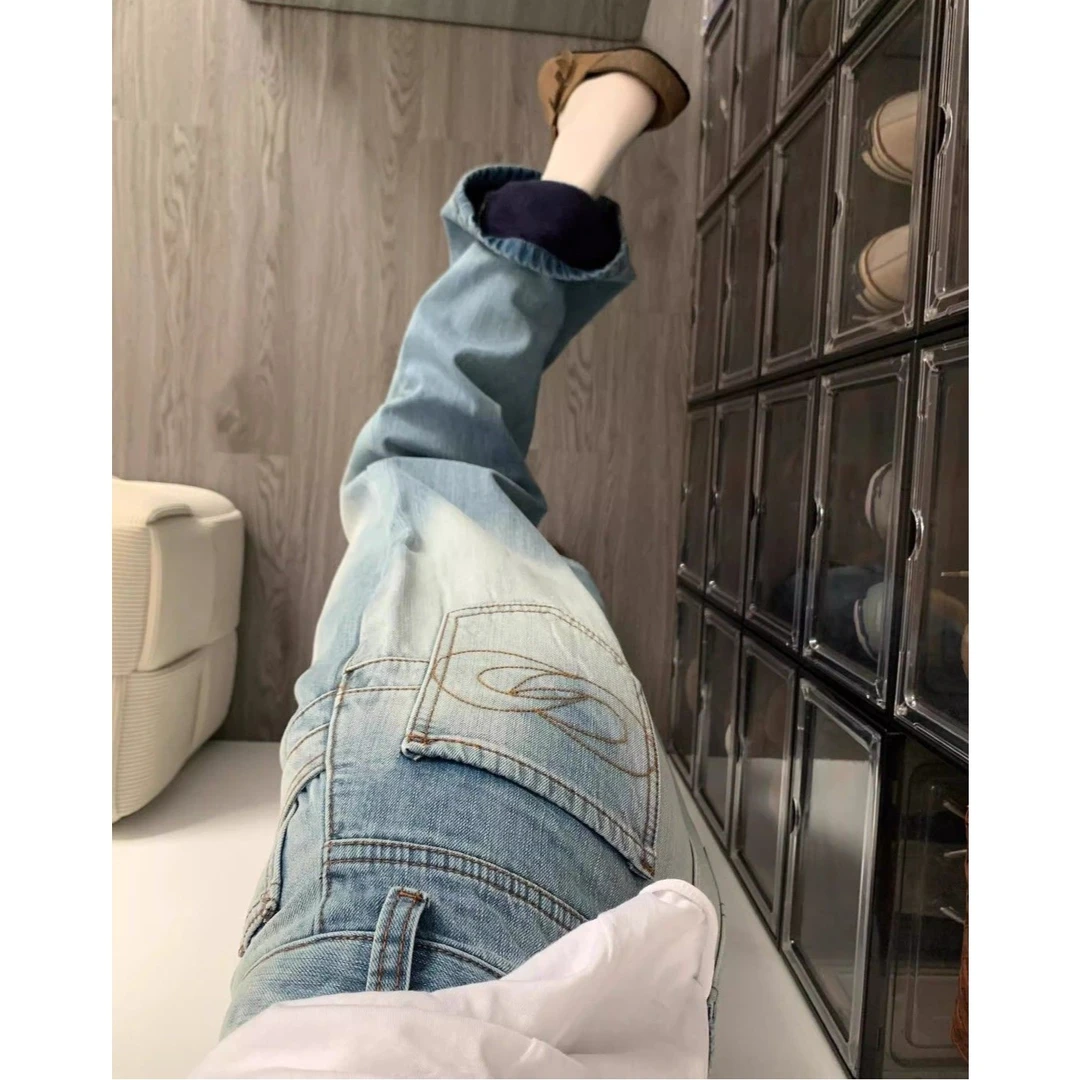 加绒加厚宽松直筒牛仔裤女秋冬新款浅蓝色高腰显瘦垂感阔腿拖地裤