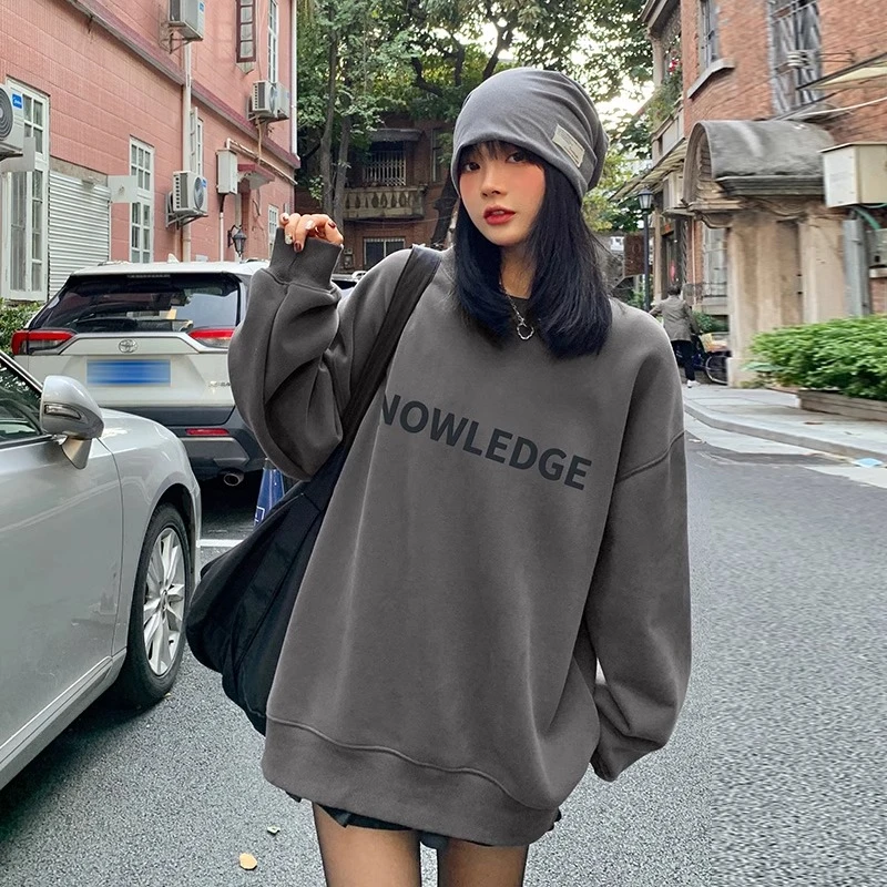 秋冬加绒加厚卫衣女圆领无帽oversize长款遮屁股2022新款冬季女款