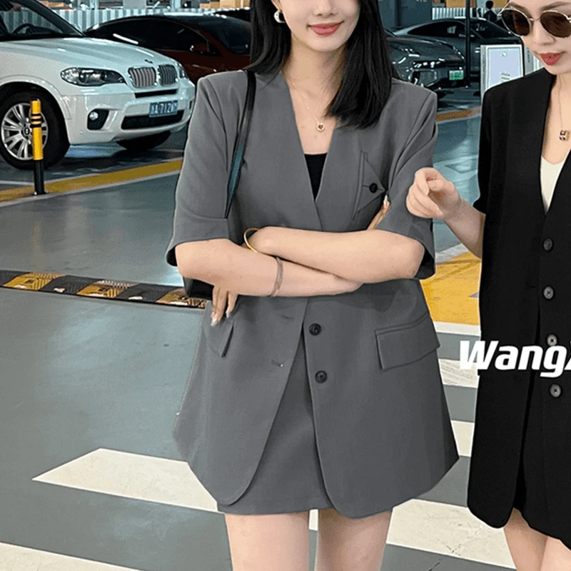 法式高级感短袖西装套装女2024夏季小个子显瘦气质休闲包臀半身裙