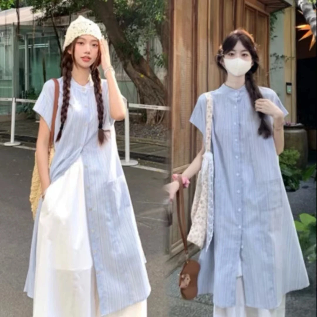 【小个子定制】春季新款女复古条纹衬衫半身裙韩系减龄叠穿两件套