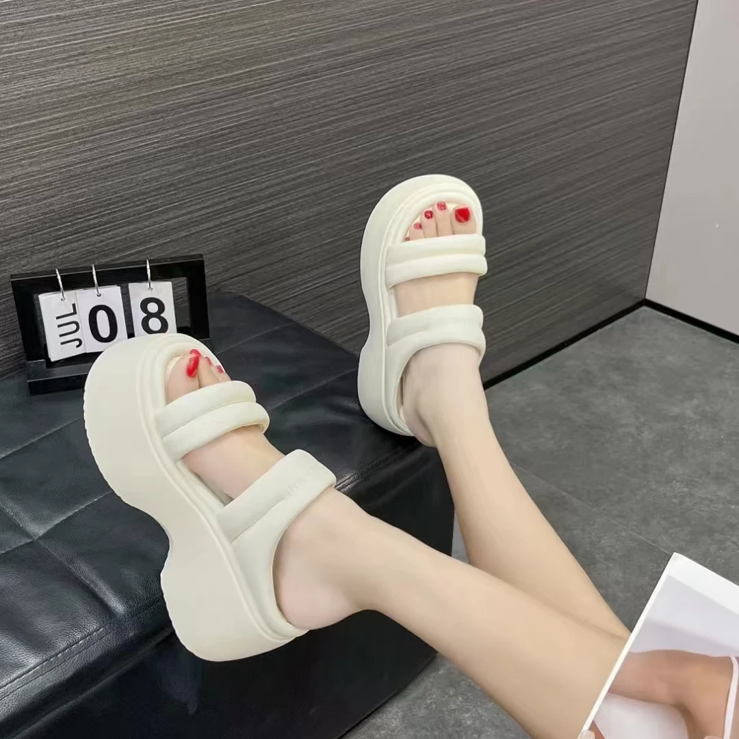 专柜正品195595超厚底拖鞋软面小个子增高跟松糕鞋女时尚外穿9cm