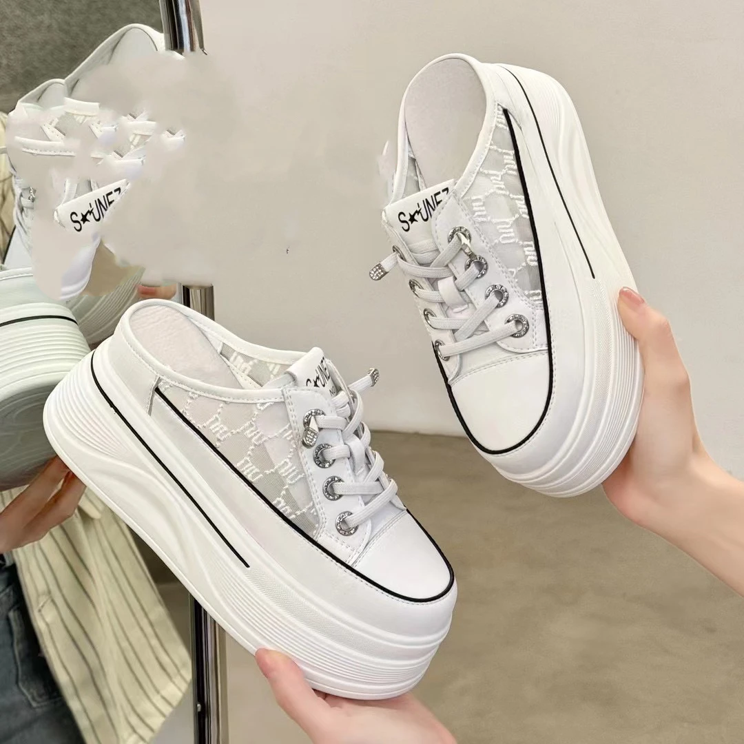 专柜正品762355夏季爆款厚底7CM松糕小白坡跟时尚外穿真皮包头拖