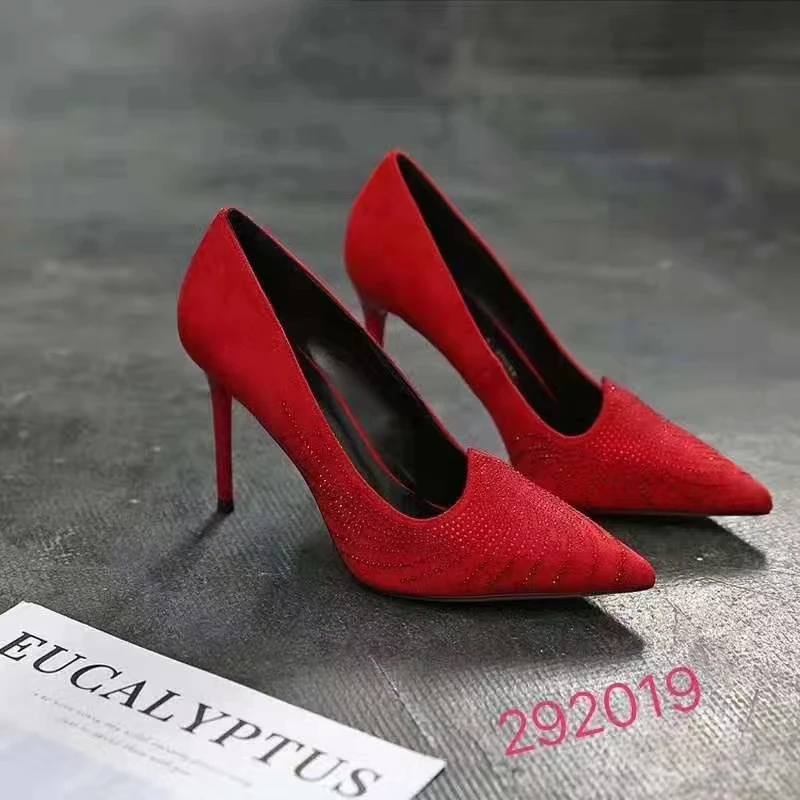 专柜正品292019春秋女鞋高跟鞋细跟绒面单鞋尖头女神单鞋