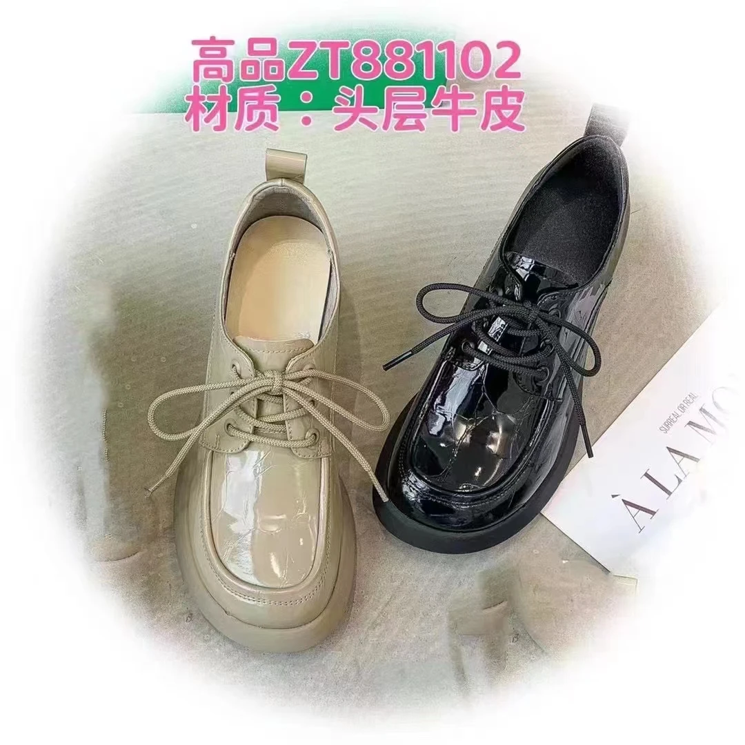 朱朱姐2023新款881102一体跟真皮粗跟系带漆皮小皮鞋百搭高跟鞋