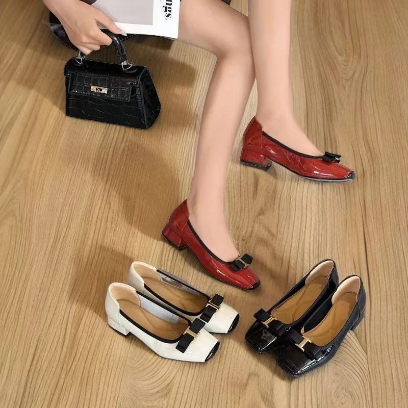 专柜正品188357头层牛皮小香风蝴蝶结单鞋女新款秋季方头单鞋女