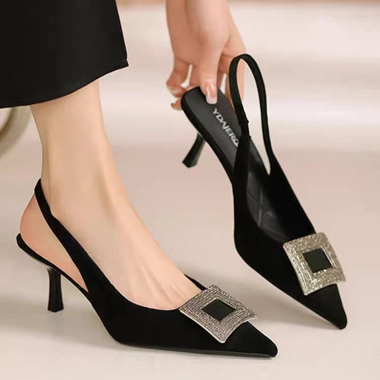 专柜正品912867夏季新款尖头凉鞋细跟水钻方扣后空高跟鞋包头6CM