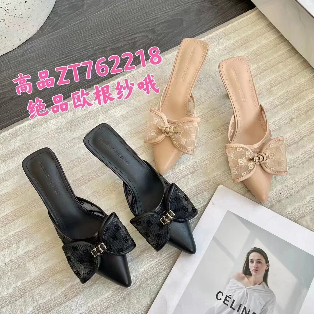 朱朱姐时尚夏季专柜尖头半拖包头拖鞋时装百搭仙女风高跟762218