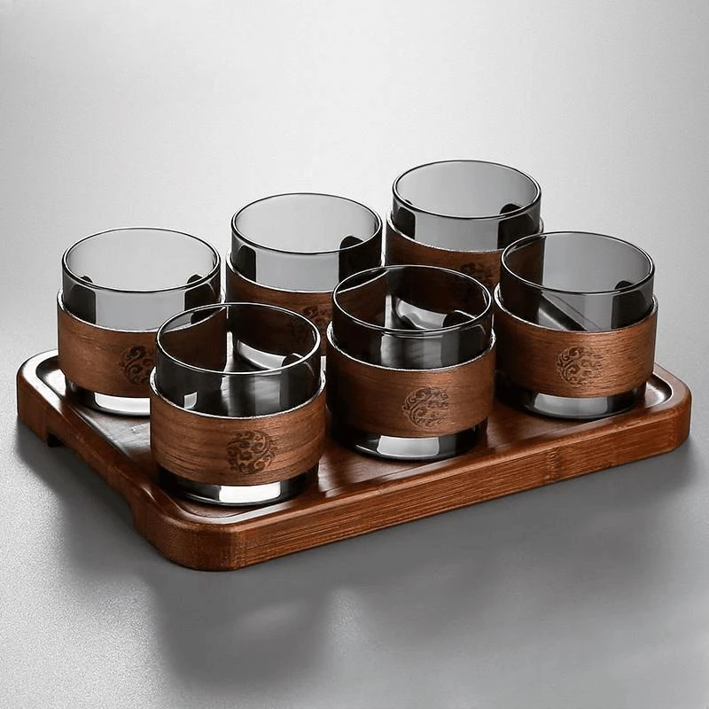 玻璃小茶杯耐高温品茗杯家用单个透明喝茶杯子胡桃木防烫功夫茶具