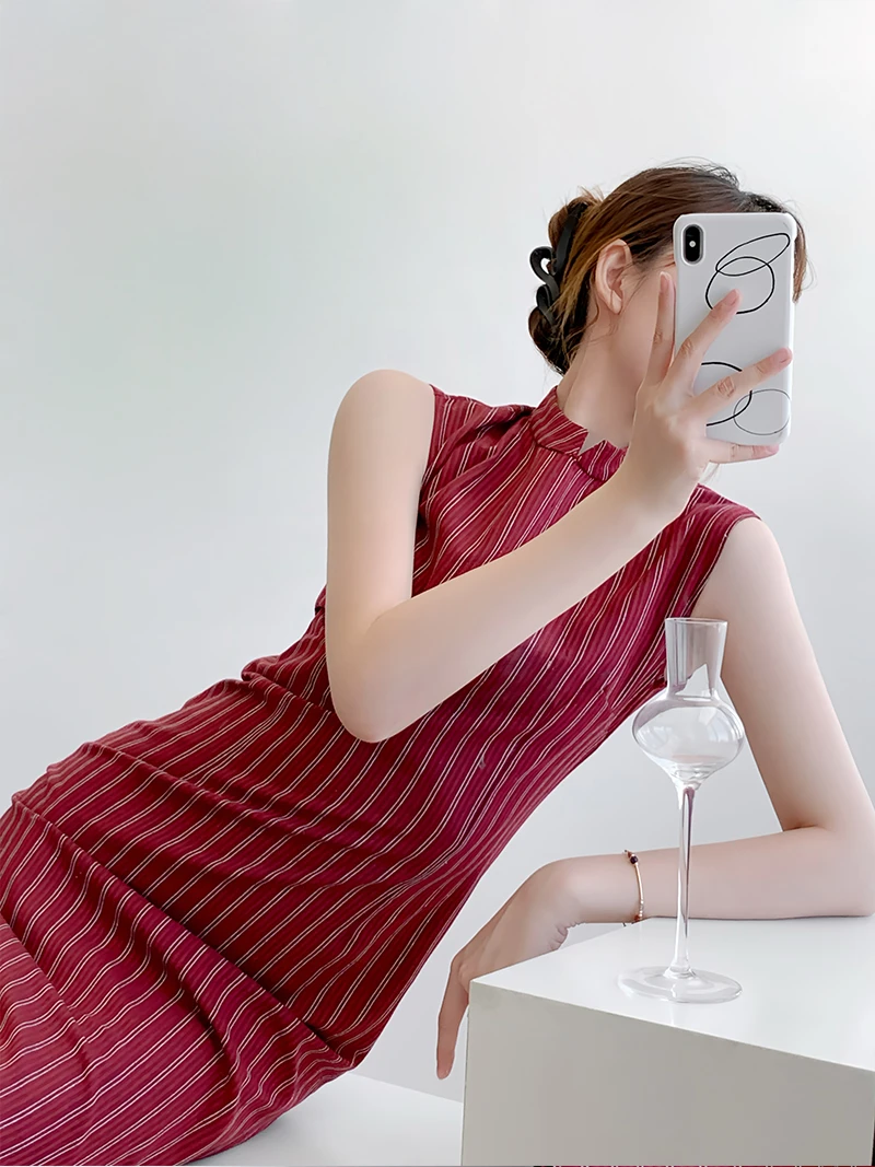 山茶丝语【城南往事】夏季条纹棉麻新中式改良旗袍无袖显瘦日常穿