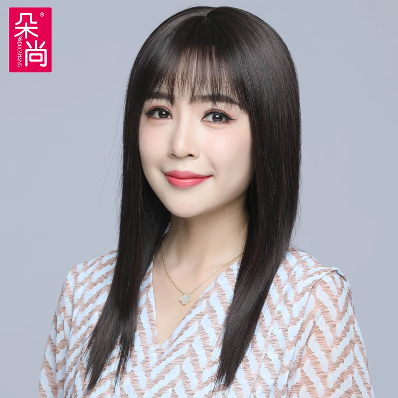 假发长直发全头套仿真中长圆脸老人真发刘海头套自然可扎长款