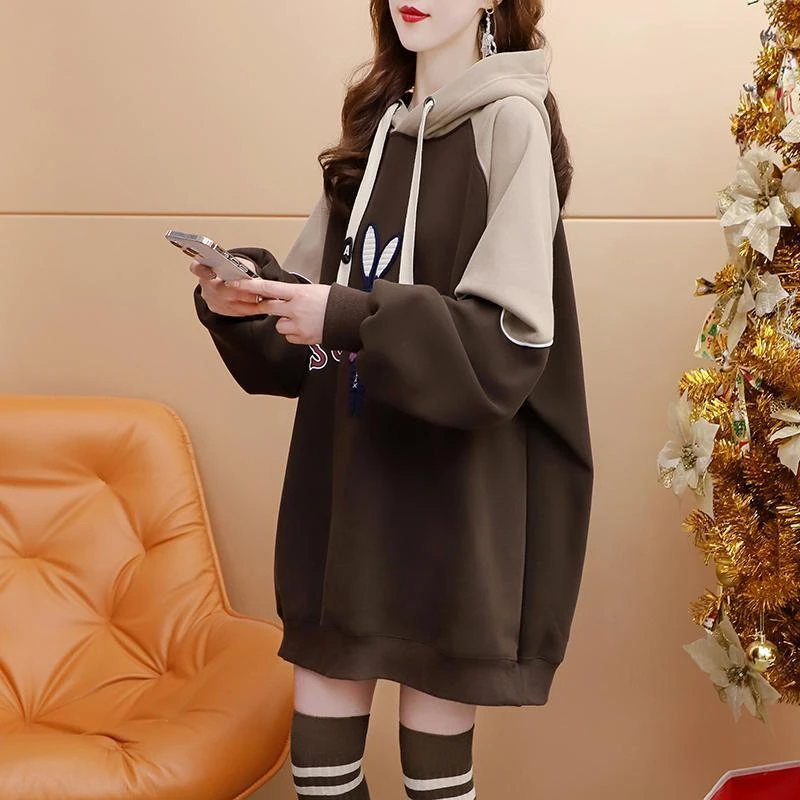 加绒加厚连帽卫衣女中长款2023新款秋冬洋气宽300斤松设计感外套