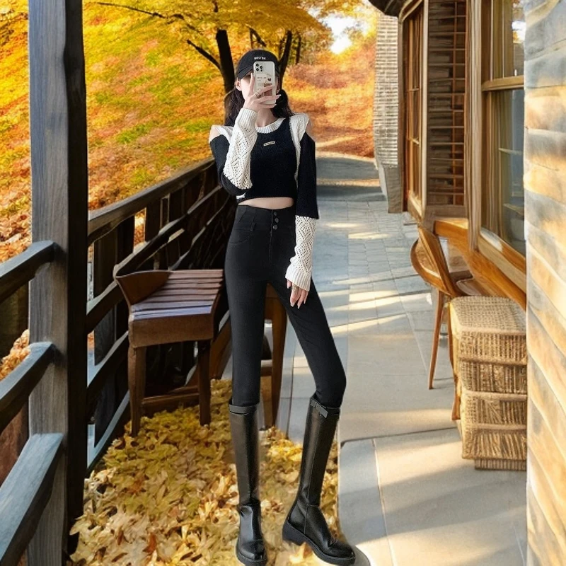 冬季打底裤女加绒加厚新款加绒小脚裤女显瘦高腰弹力打底裤黑色