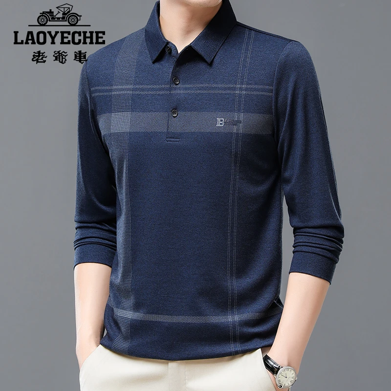 老爷车男装新款长袖t恤男翻领休闲条纹上衣中年人薄款打底Polo衫