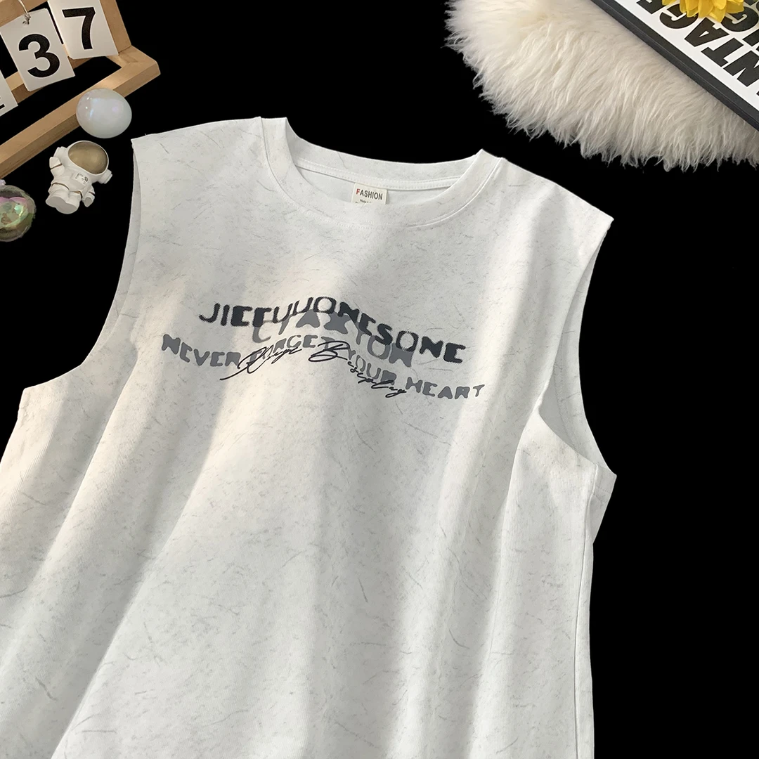 重磅水洗坎肩背心男士夏季新款宽松无袖t恤高街字母印花圆领体恤